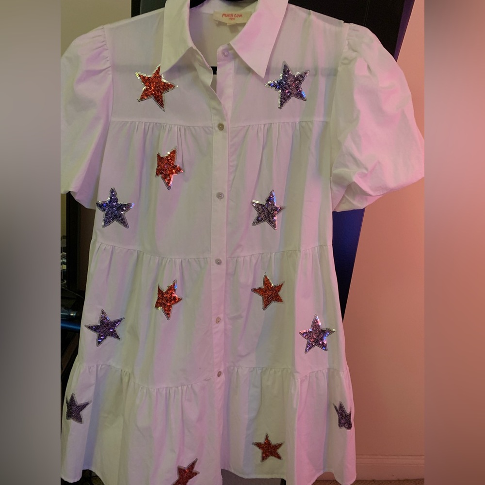 NWOT White Dress with Sequin Stars, Size Medium.